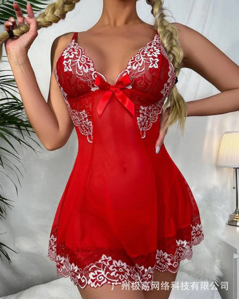 

Women Bow Decor Embroidery Lace Sheer Mesh Babydoll Women Mini Dress Sleeveless Sexy Spring Summer Lingerie