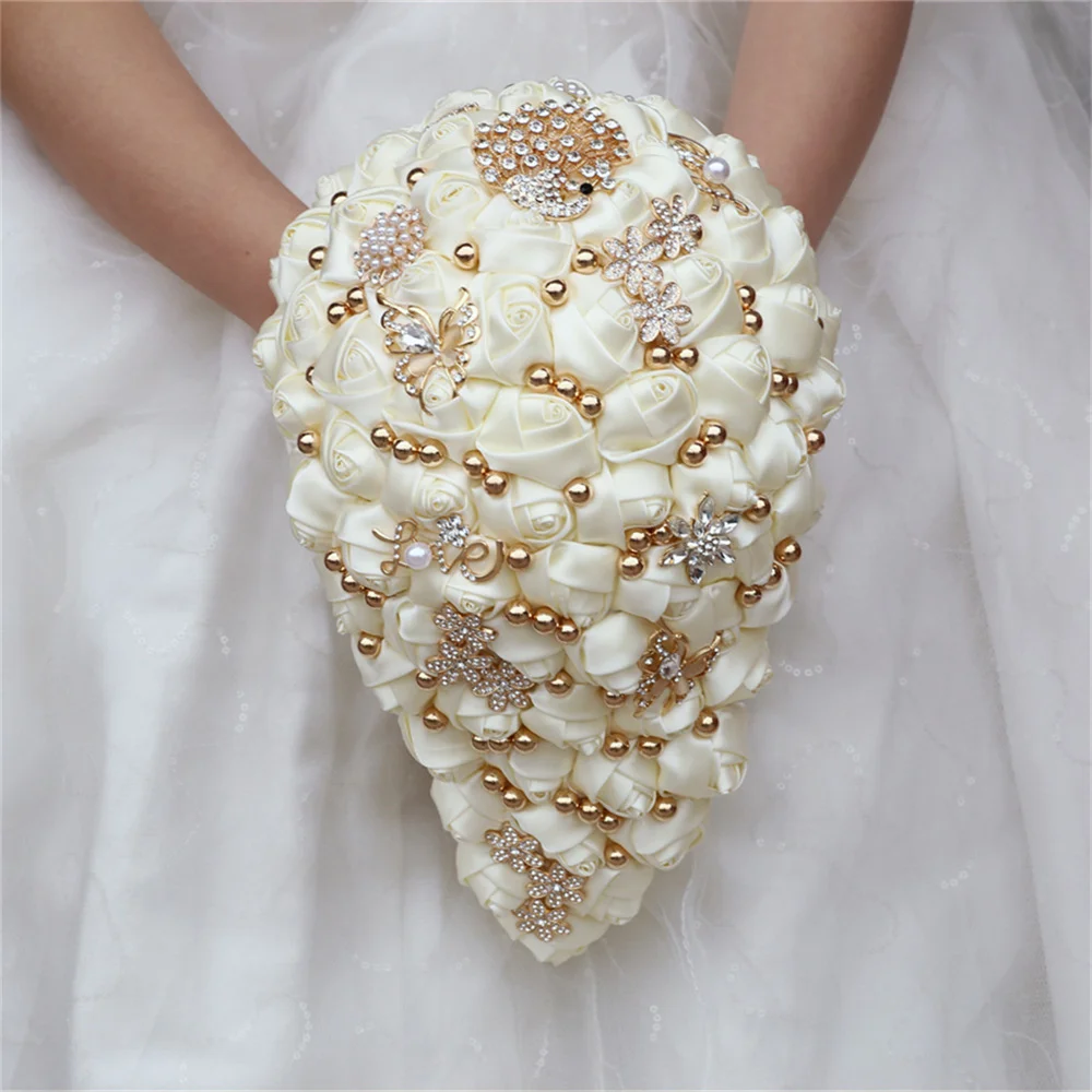 

VOHSIAHPO Waterfall Wedding Bouquet Luxury Silk Rose Cascading Gold Diamonds Brooch Bride Holding Bouquet Bridesmaids Bouquet