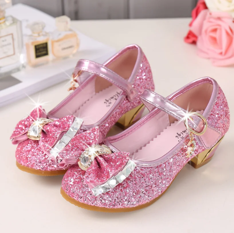 

Kids Girls Wedding Dress Shoes Children Elsa Princess Shoes Bowtie Purple Pink Blue Leather Shoes For Girls Casual Shoes Flat