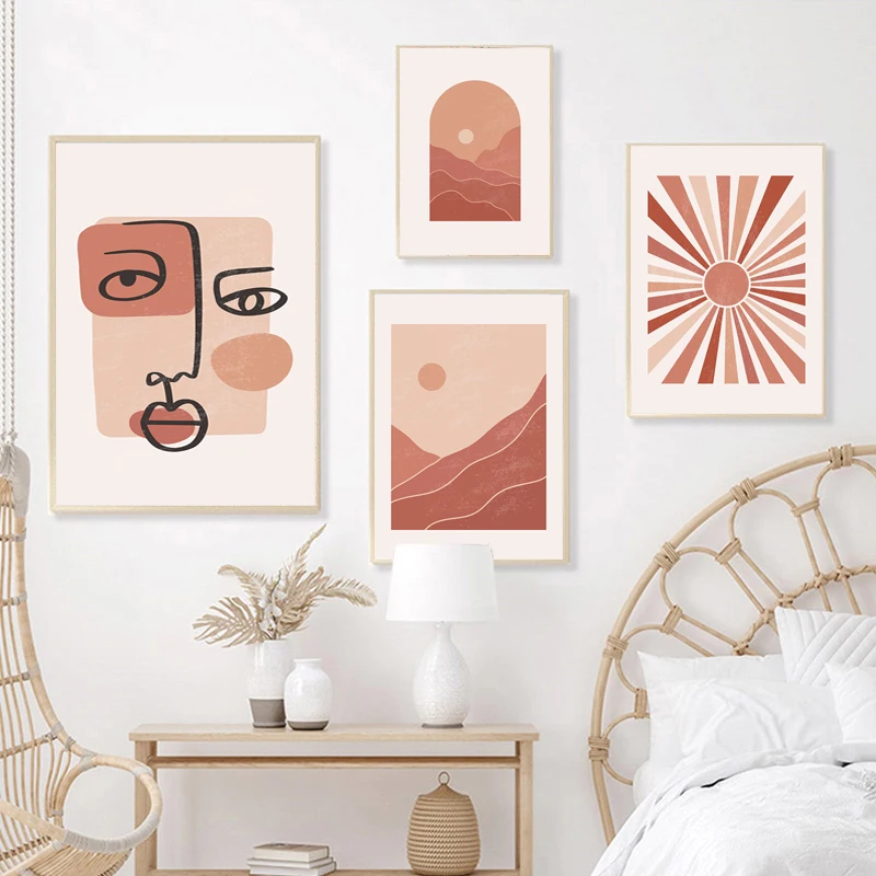 Луна Солнце Гора пейзаж богемный принт плакат искусство абстрактная живопись