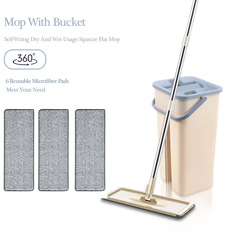 

Squeeze Mop with Bucket Hands Free Flat Floor Mops Home Kitchen Household Cleaning Mops Wet or Dry Usage