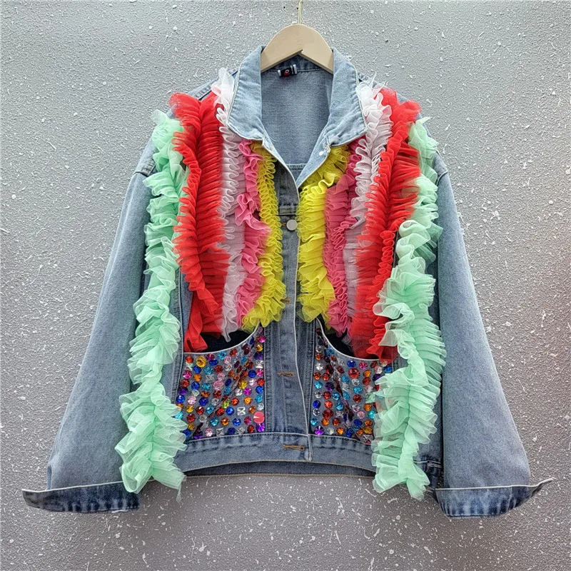 

Mesh Splicing Multicolour Diamonds Big Pocket Denim Jacket Coat Women Loose Short Cowboy Outwear Black Blue Jeans Jacket Female