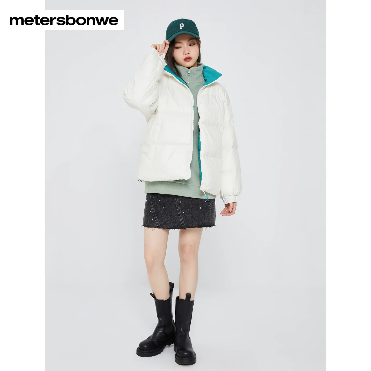 Metersbonwe Women's Stand Collar Short Down Jackets 80%Light And Soft Duck Down Warm Wear Loose Solid Color Winter Down Coat