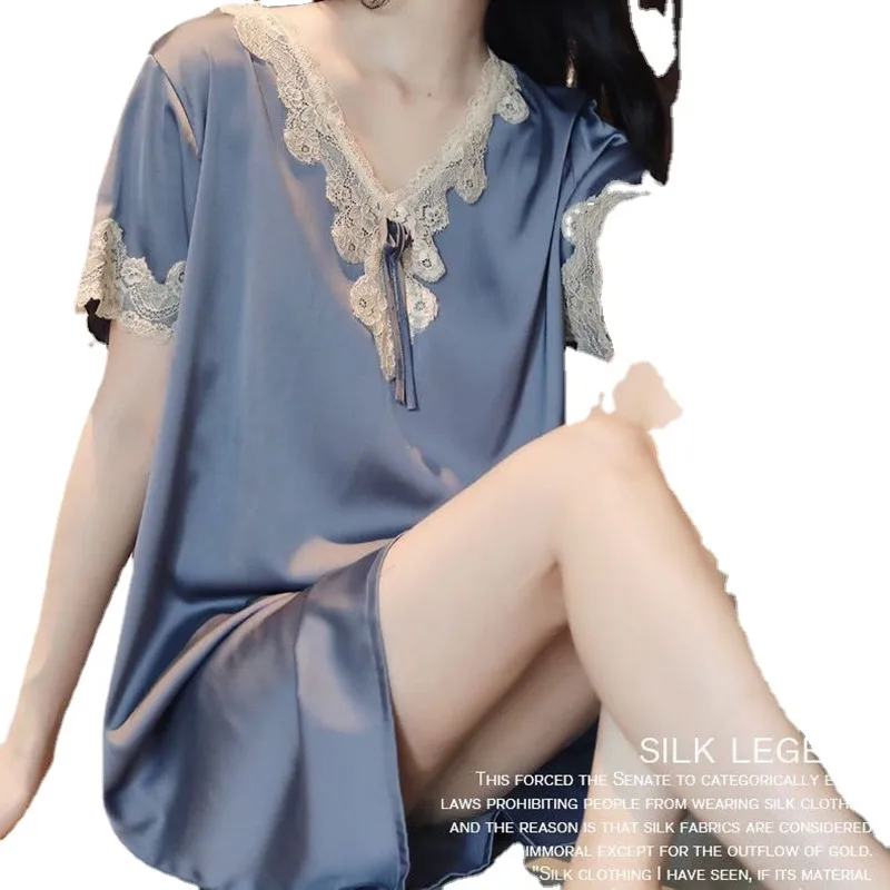 Female summer nightgown  style women's summer ice silk loose large silk pajamas with short sleeves pajamas