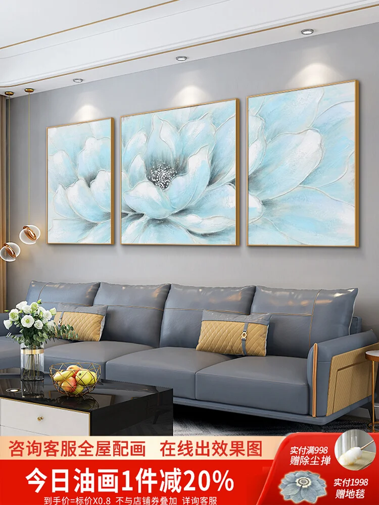 

Hand-painted oil painting, light luxury living room, background wall decoration painting, modern simple blue Nordic flowers