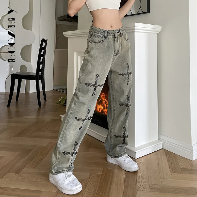 

BoozRey 2022 Autumn Low Waist Retro Cross Print Slim Straight Denim Trousers Women Y2k Streetwear Girl Baggy Jeans High Street