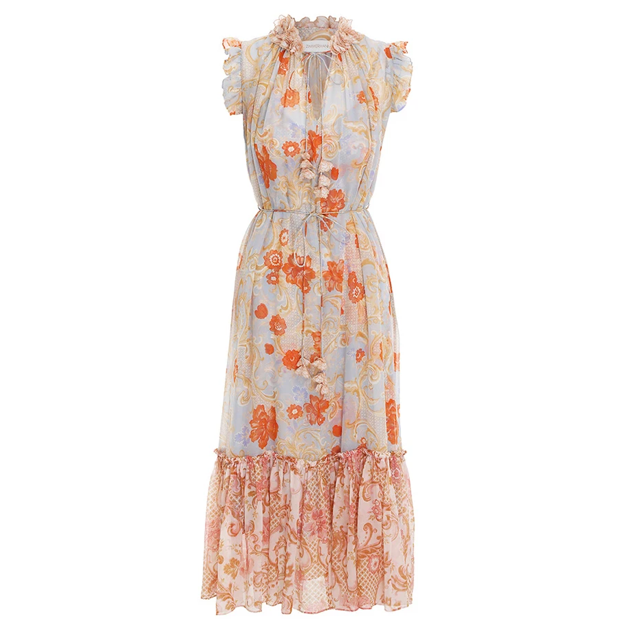 

Summer Dress 2022 Female Elegant Dresses for Women Party Fungus Sleeves Casual Maxi Dress Vintage Floral Sundress Layered Hem