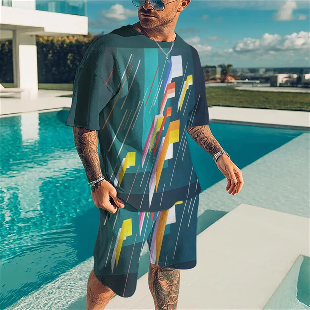 

2022 New Summer Me Suit Fashion 3D Printed T-Shirt and Shorts Slim Breathable Sports Oversized Round Neck Casual Men Suit