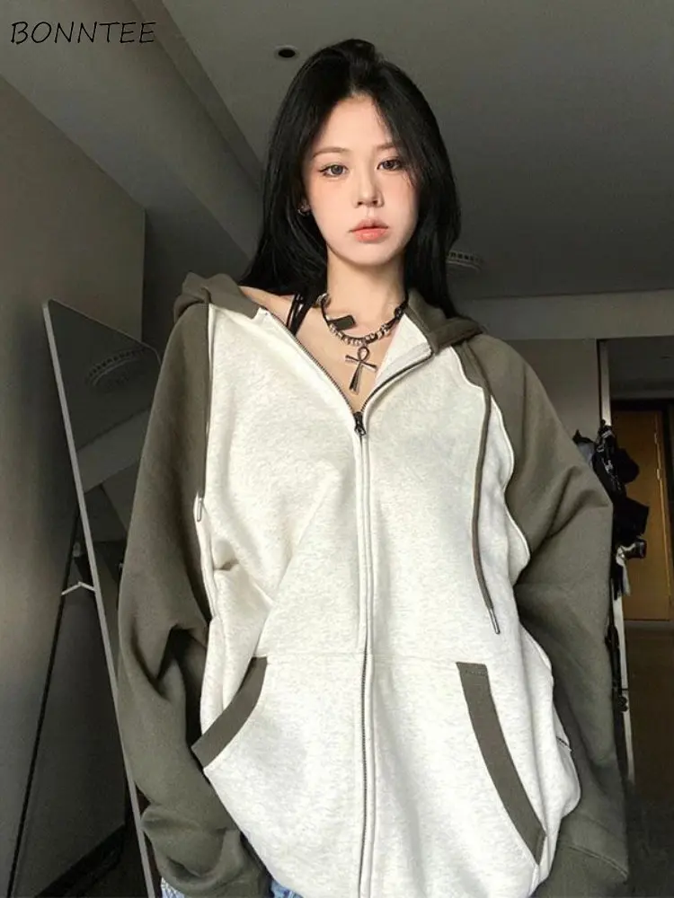 

American Retro Hoodies Women Autumn Panelled Prevalent Cool Unisex Patchwork Design Zip-up Hooded Casual Loose All-match Hipster