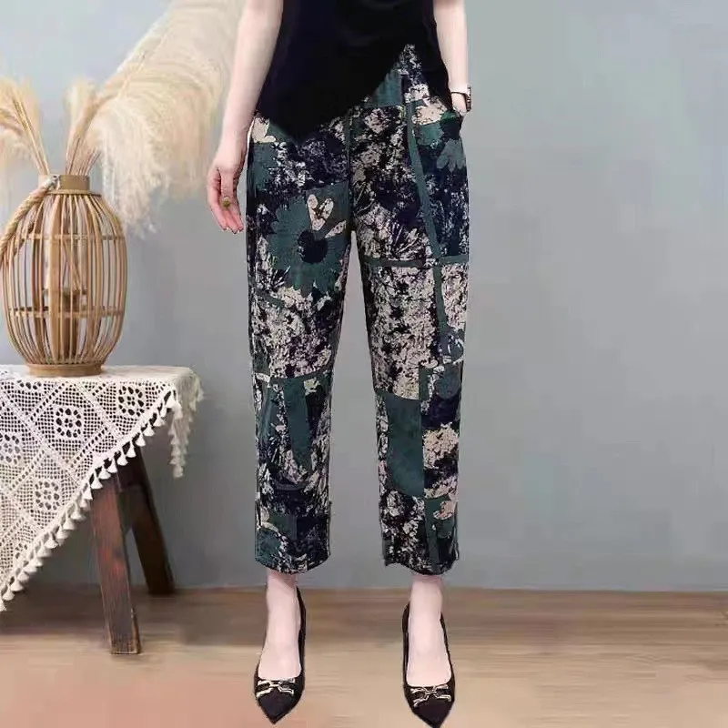 New Grandma Pantalones Fashion Spring Autumn Washed Cotton Women Nine-Point Pants Middle Aged Mother Tie-Dye Casual Trousers