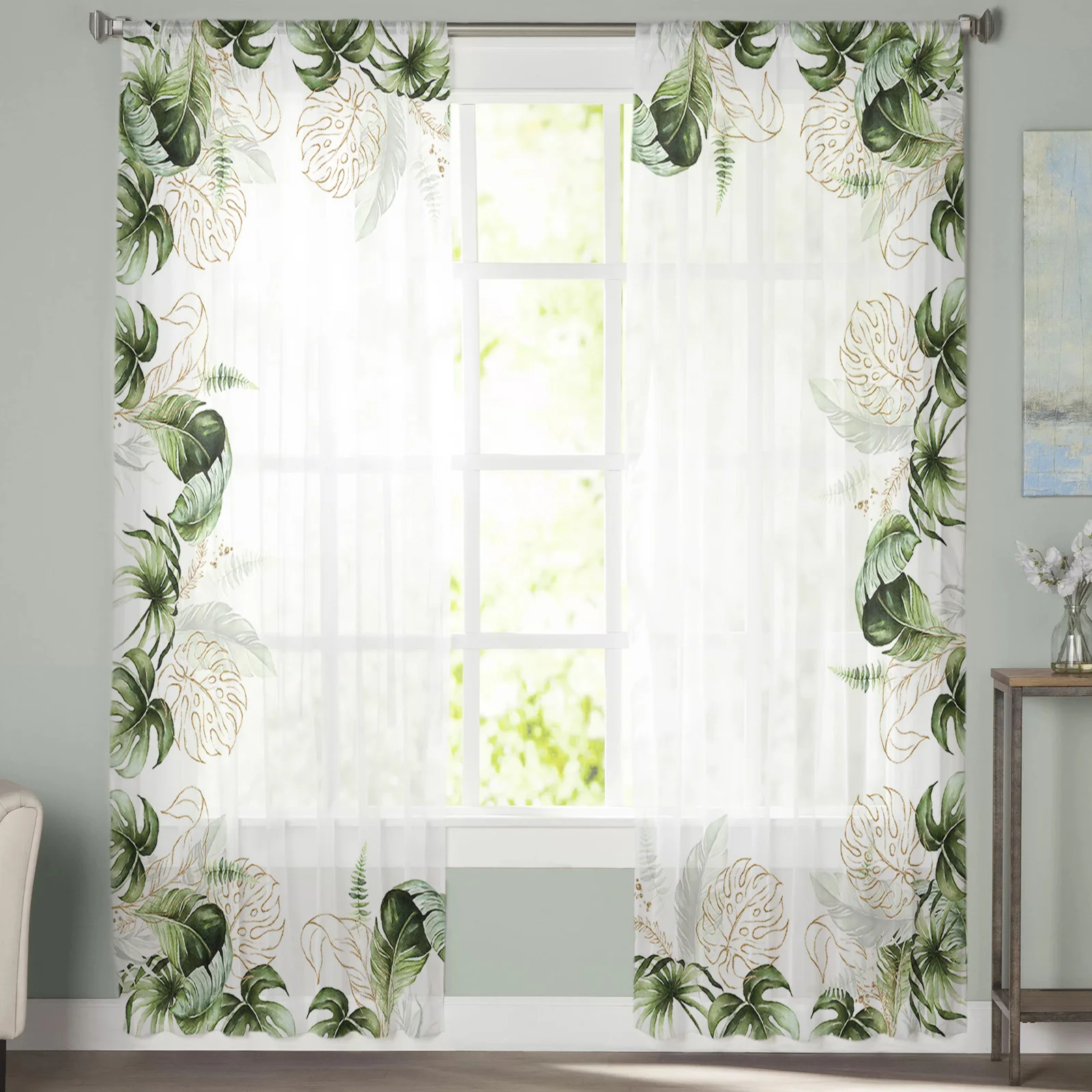 

Plants Palm Green Leaves Tulle Curtains For Living Room Bedroom Decoration Luxury Voile Valance Sheer Curtains For Kitchen