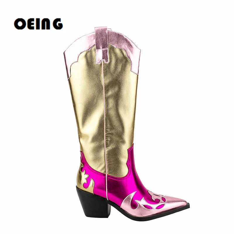 

Autumn Winter Western Cowgirl Boots Shiny Patchwork Metallic Leather Mid-calf Boot Sexy Pointy Toe Slip On Cowboy Boots Big 44