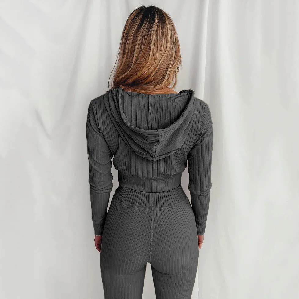 Women Sports Long Pants Two Piece Set Autumn Drawstring Long Sleeve Hooded Short Crop Top Skinny Pants Leggings Ladies Tracksuit