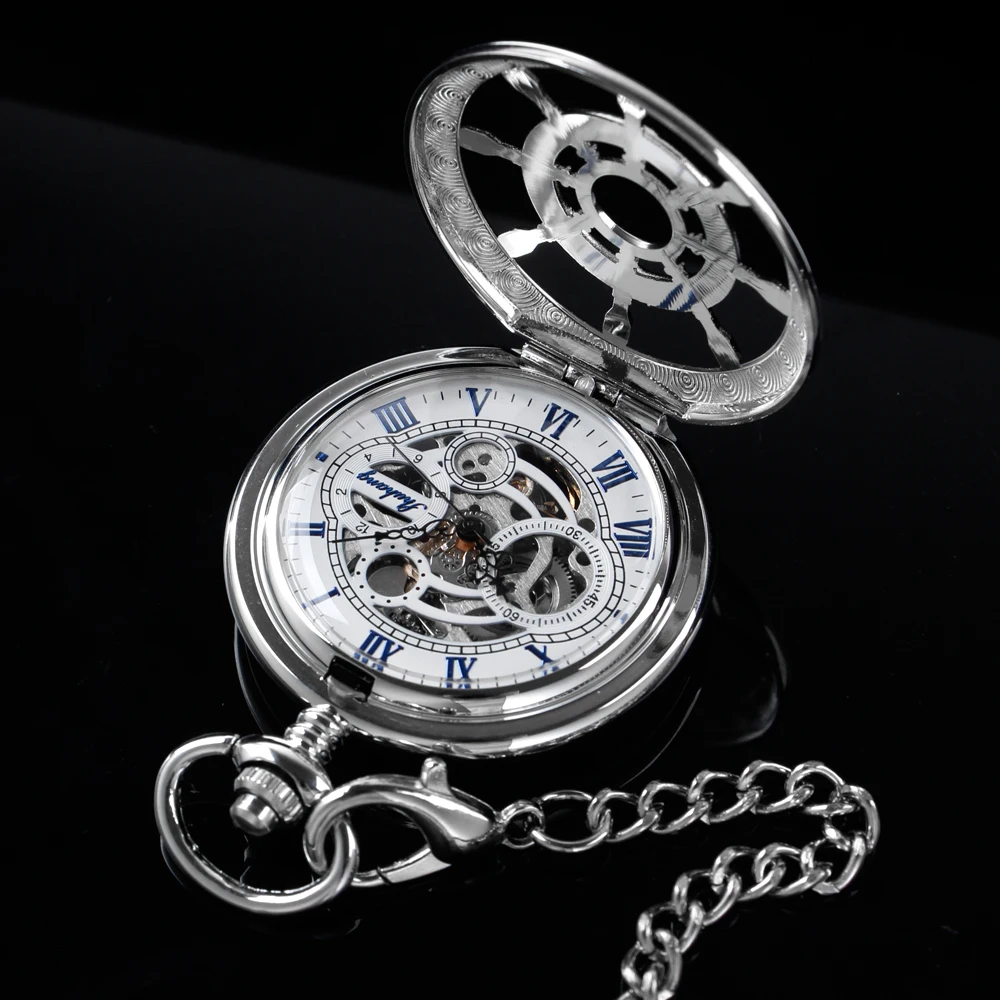 New Silver Rudder Sculpture Roman Digital Mechanical Pocket Watch Hollow Case Analog Skeleton Men's Mechanical Pocket Watch