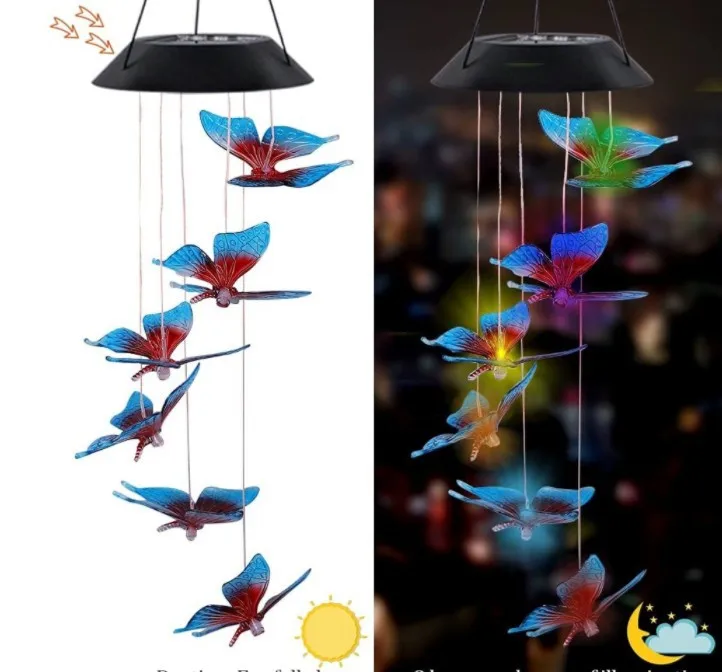 

Color Changing Solar Power Wind Chime Hummingbird Angel Butterfly Waterproof Outdoor Decoration Light for Patio Yard Garden