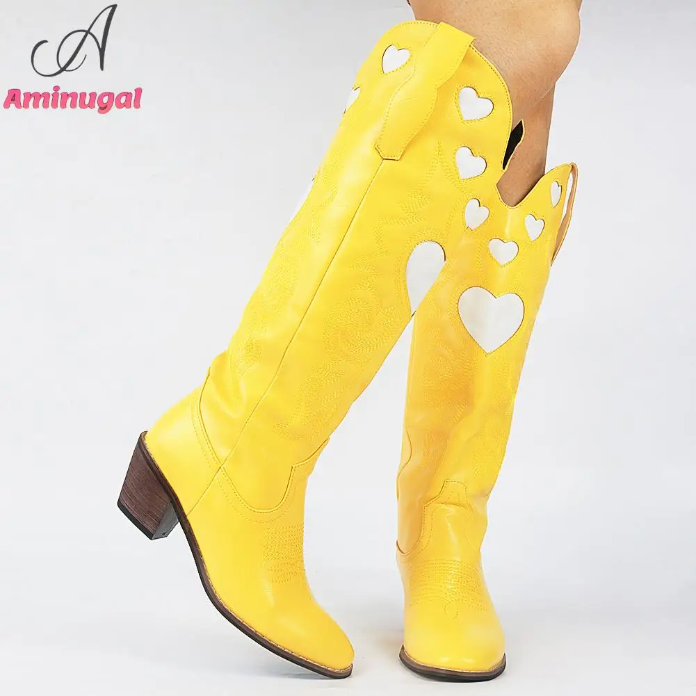Cowboy Western Boots Pointed Toe Slip-On Heart-Shaped 2023 Spring Summer Fashion Cowgirl Comfy Women Knee High Boots Shoes