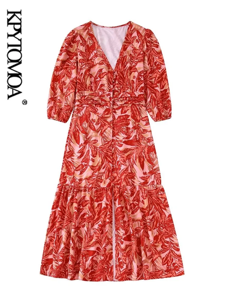 

Женское платье-миди с V-образным вырезом и рукавом 3/4