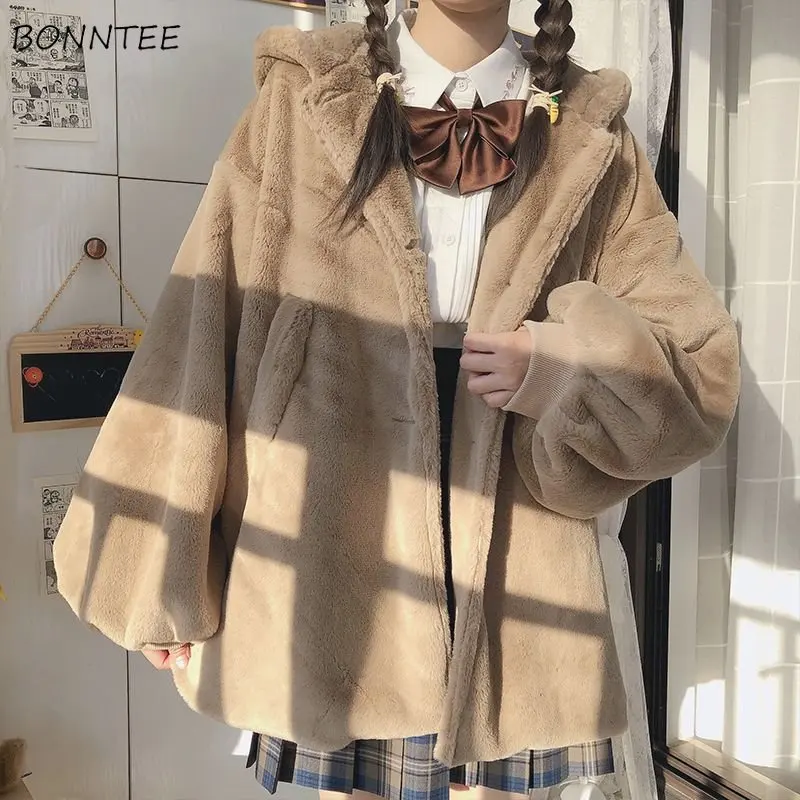 

Куртки женские с капюшоном в японском стиле, милые утепленные универсальные зимние уютные мешковатые мягкие студенческие милые повседневн...