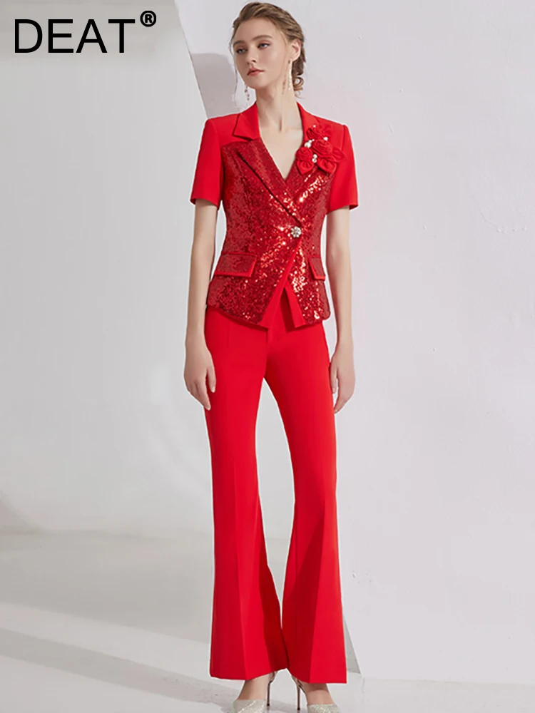 

DEAT Womne 2 Pcs Set Notched Collar Short Sleeve Spliced Sequins 3D Flower Slim Blazer Waist Pant Suit Autumn 2023 New 13DB3134