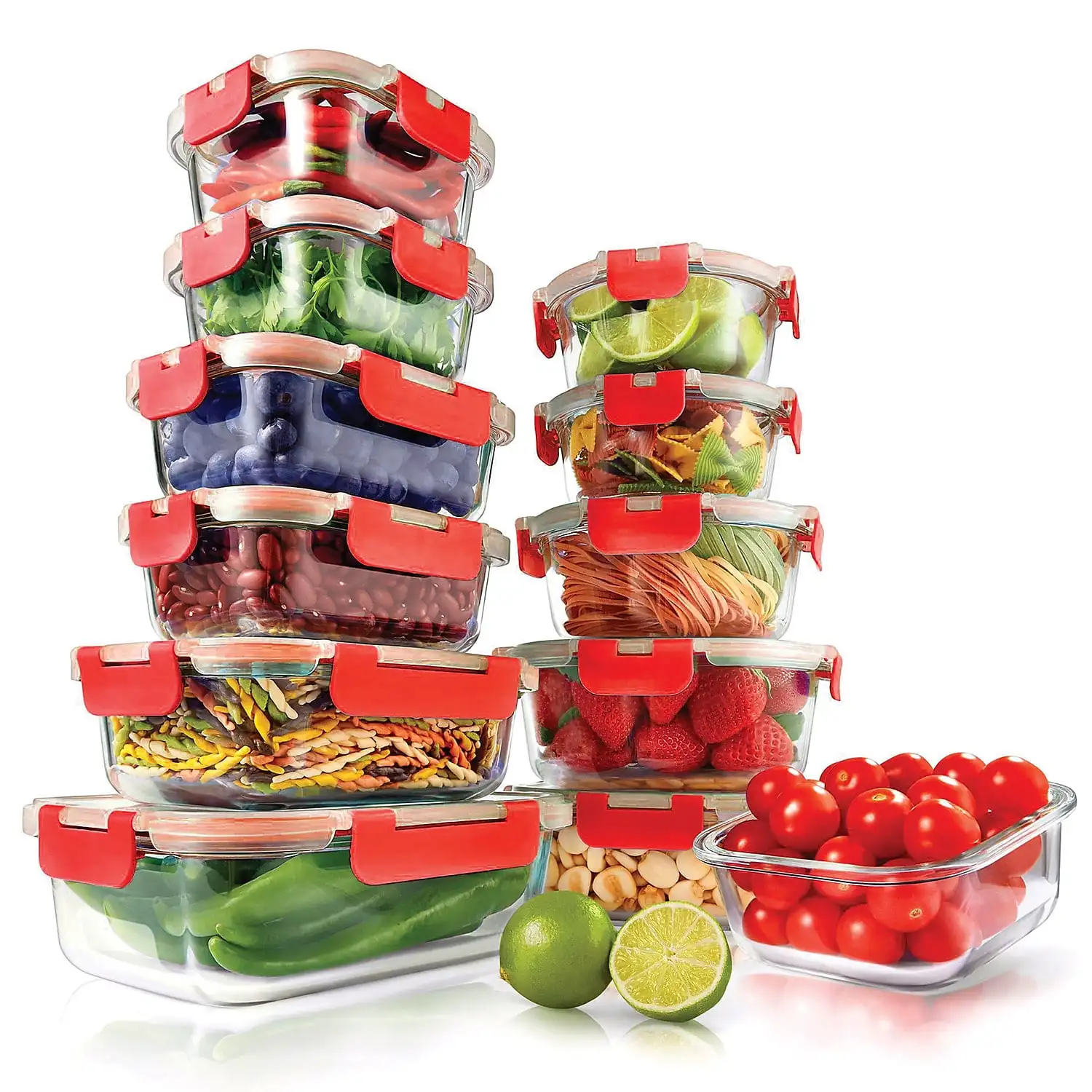 

24-Piece Glass Food Storage Set with Locking Hinge Red Lids - Superior Quality