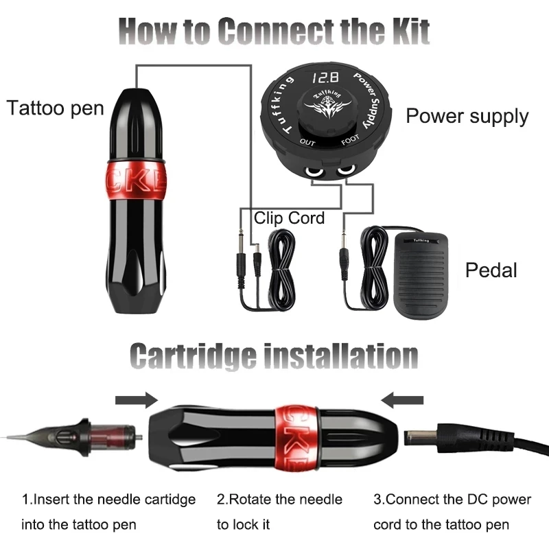 Professional Tattoo Machine Kit Rotary Pen Set With 20PCS Cartridges Needles Paint Ink For Body Art | Красота и здоровье