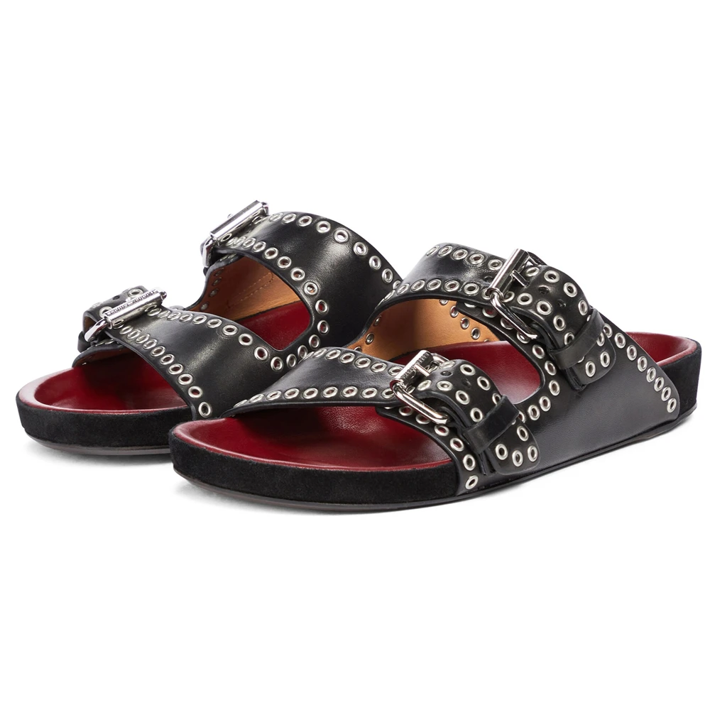 Summer Thick-Soled Buckle Rivet Slippers New Cowhide Open-Toe Beach Vacation Flat Sandals Sandal Roman Big Size 43 Female Casual