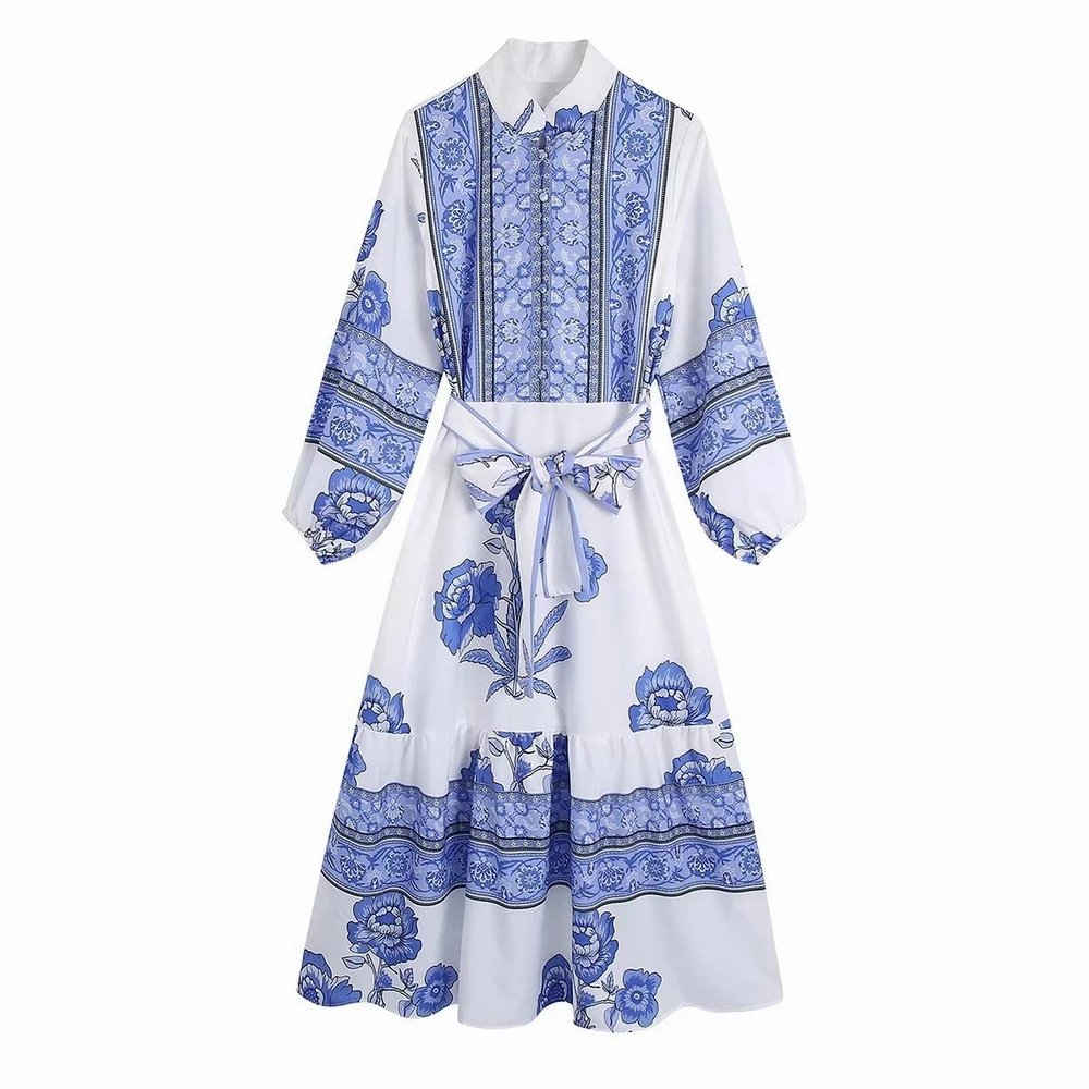 

Women Long Dress Summer 2022 New Fashion Printed Floral Clothing Mid-Calf Belt Feminino Vestidos