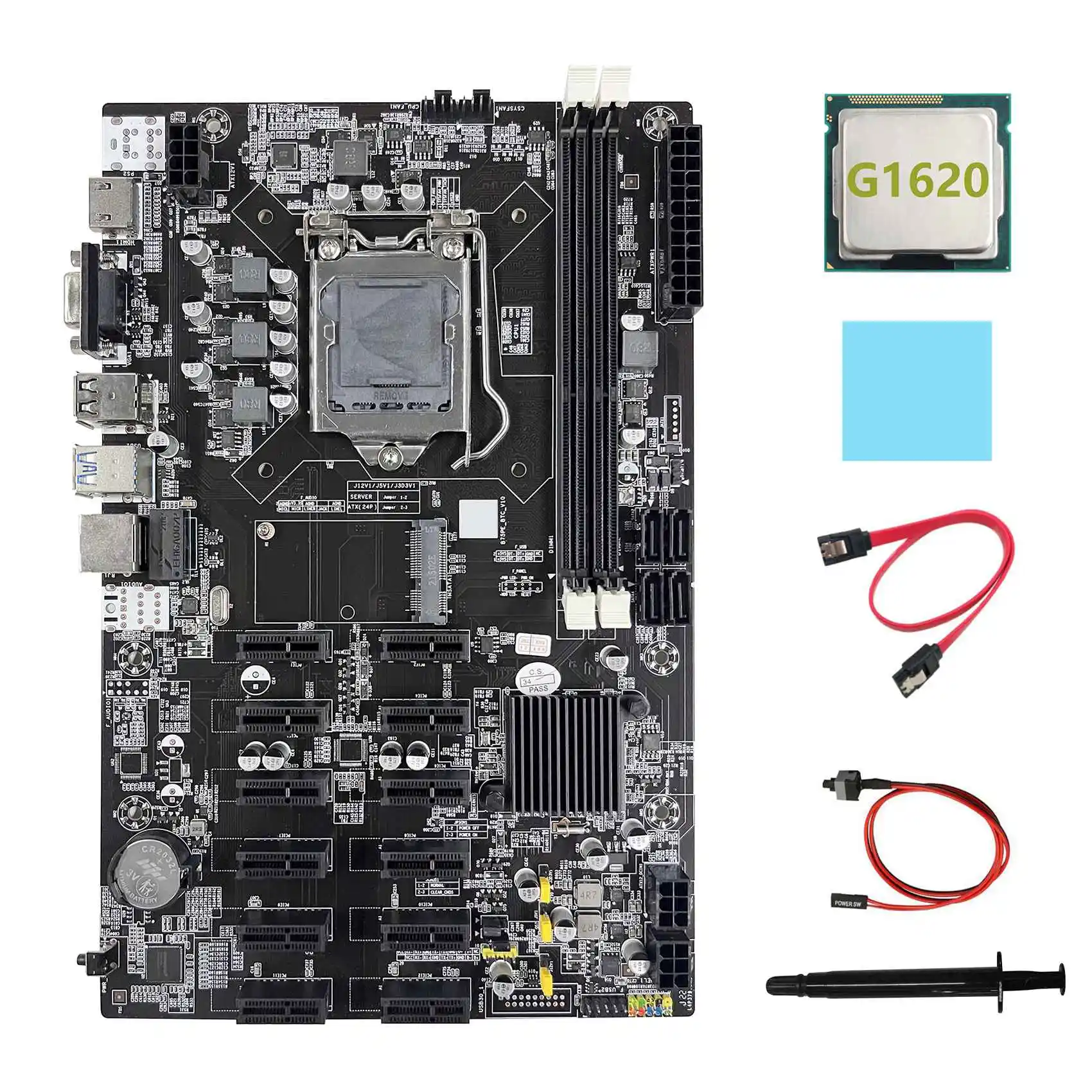 B75 12 PCIE ETH Mining Motherboard+G1620 CPU+SATA Cable+Switch Cable+Thermal Pad+Thermal Grease BTC Miner Motherboard