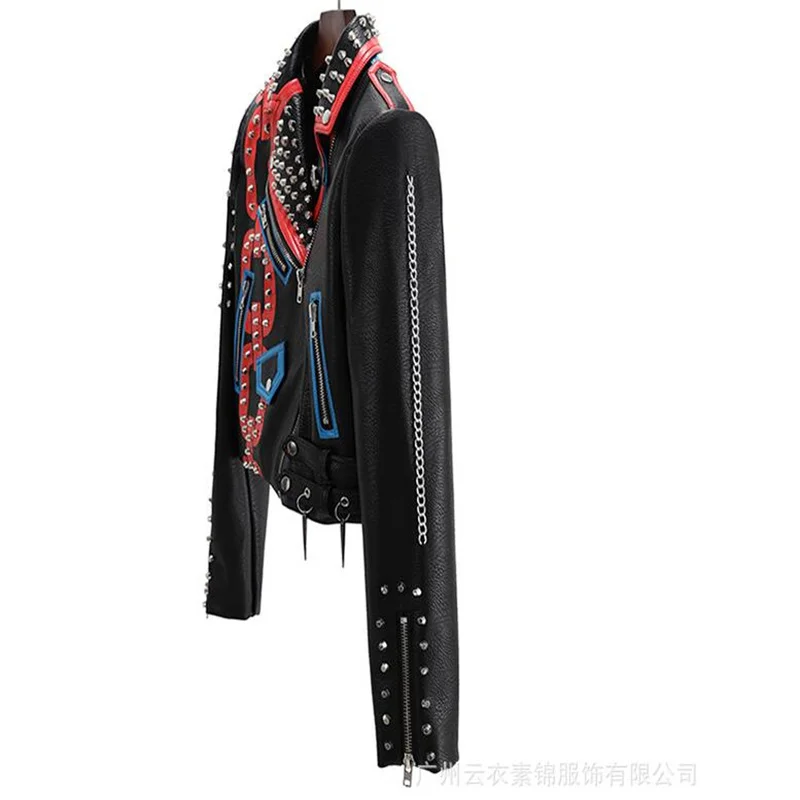 New leather jacket women's motorcycle clothing rivet long sleeve splice fashion European пальто женское American black spring enlarge