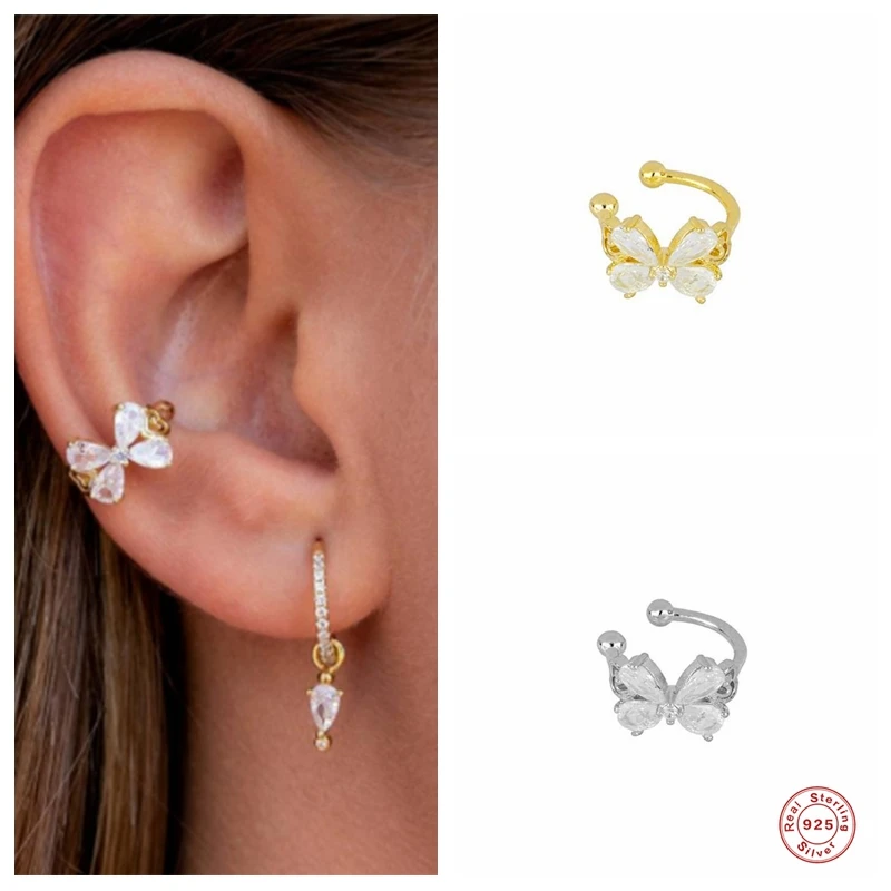 

Sterling Silver New Fashion Crystal Butterfly Ear Cuff For Women Girls Cute No Piercing Fake Cartilage Clip Earrings