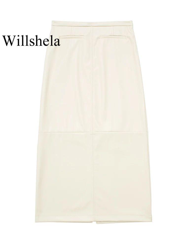 

Willshela Women Fashion PU Beige Back Slit Side Zipper Midi Skirt Vintage High Waist Female Chic Lady Skirts
