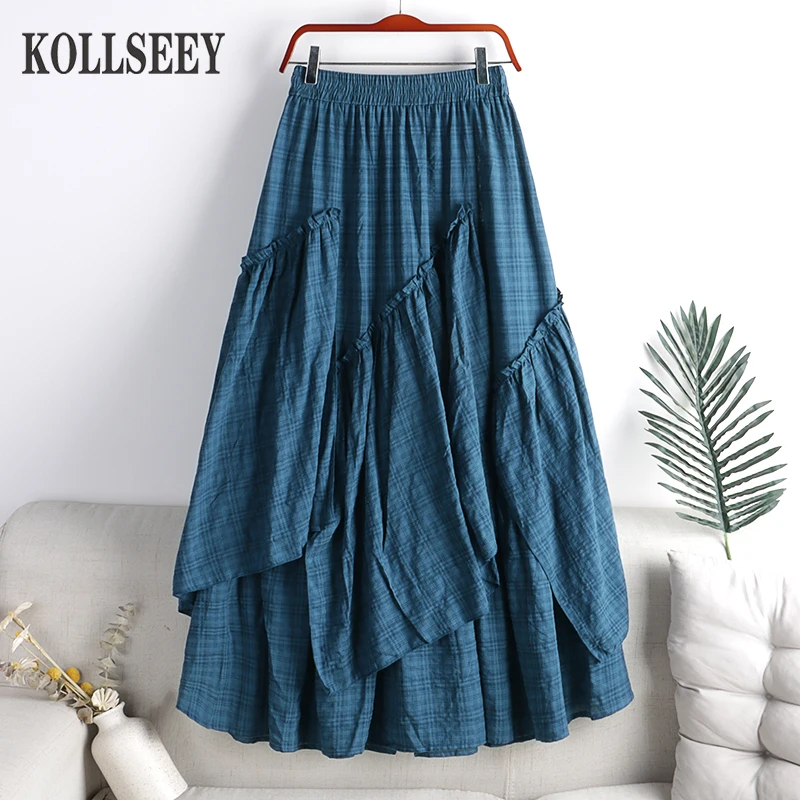 KOLLSEEY Brand Fashion Women High Waist Skirt Outfit Women Clothing Blue Haze  Office Lady Irregular Long Skirts enlarge
