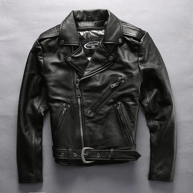

Fast Free Shipping Men Genuine Leather Jackets Top Quality Thick Heavy Cowhide Motorcycle Biker Jacket Autumn Winter Black Coat