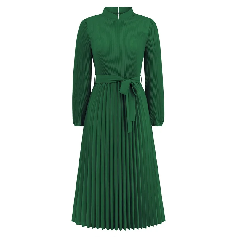 

2023 Autumn and Winter New Slim Temperament Dress Stand Collar Puff Sleeve Pleated Skirt European and American Foreign Trade Wom