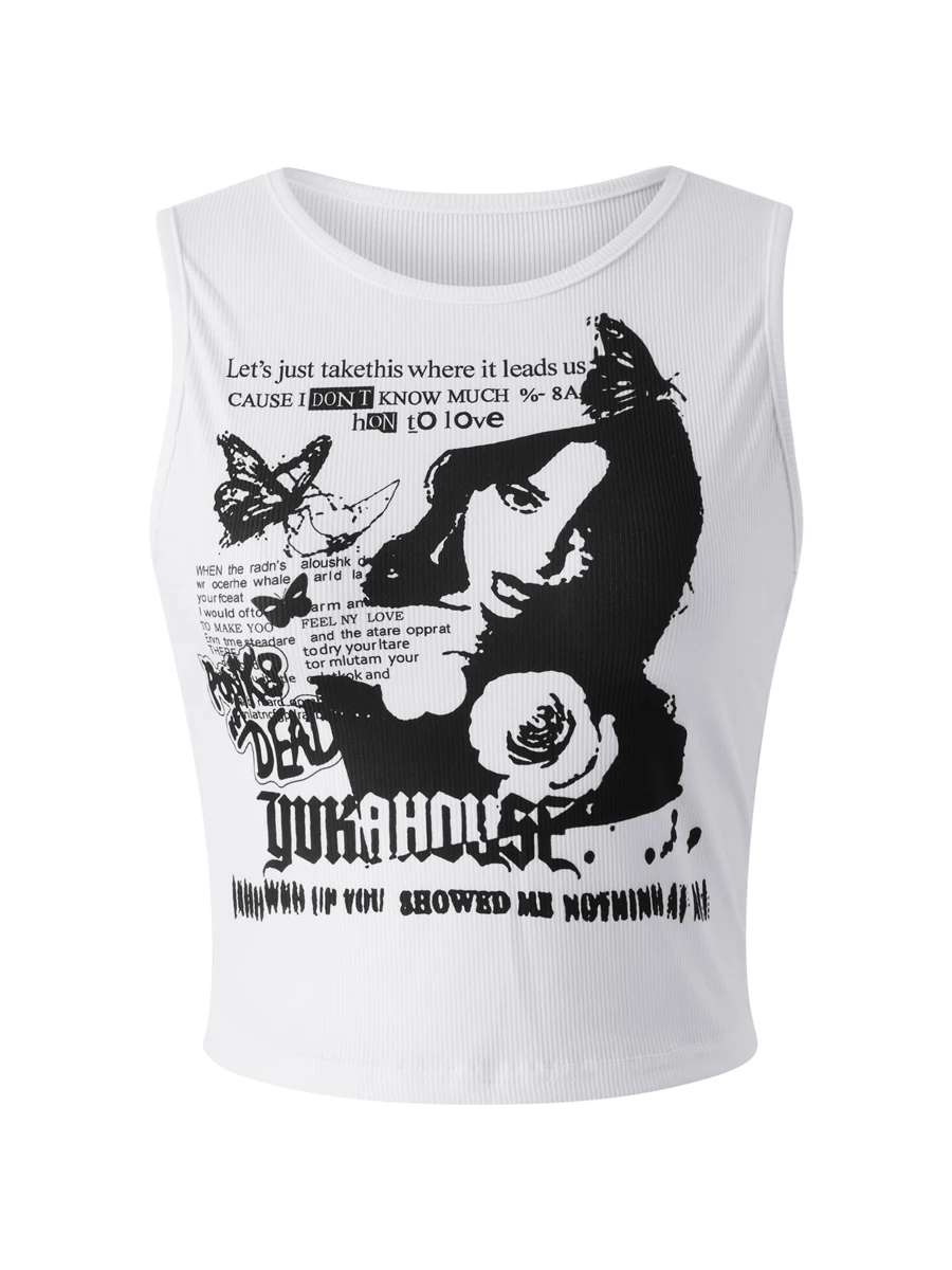 

Women Sleeveless Crop Top Crew Neck Portrait Letter Print Tank Top Trendy Street Wear White