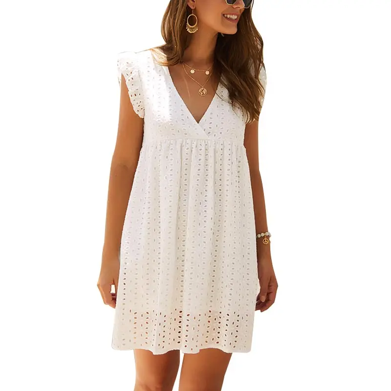 

Hollow Out Mini Dress Sexy V Neck Lace Short Ruffle Sleeve A Line Sundress Casual Loose Kawaii Summer Beach dress new 2022