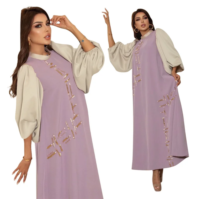 Lantern sleeve patchwork color diamond inlaid fashion dress Dubai gown women's dress