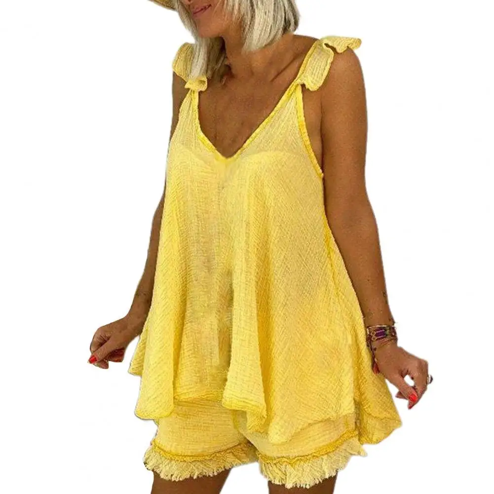 

Casual Cotton Linen Beach Suits Summer Butterfly Sleeveless Tops And Tassels Shorts Two Piece Set Beach Female Elegant Tracksuit