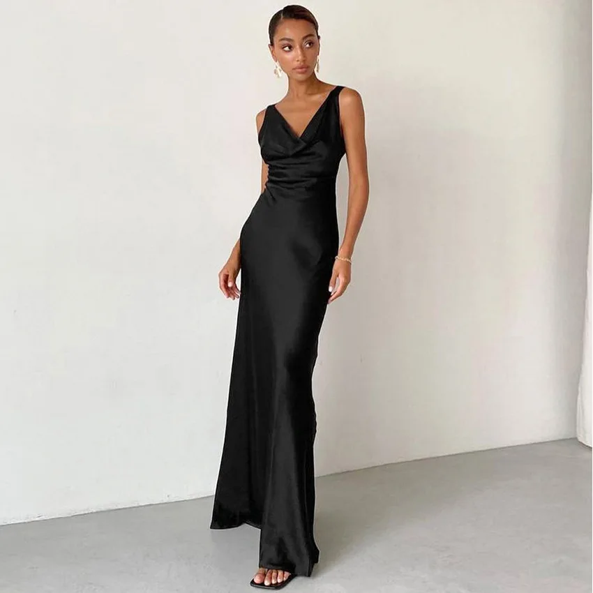 

2023 Summer New Dress Ice Silk Polyester Long Black Dress Strap Swinging Collar Sexy Elegant Backless