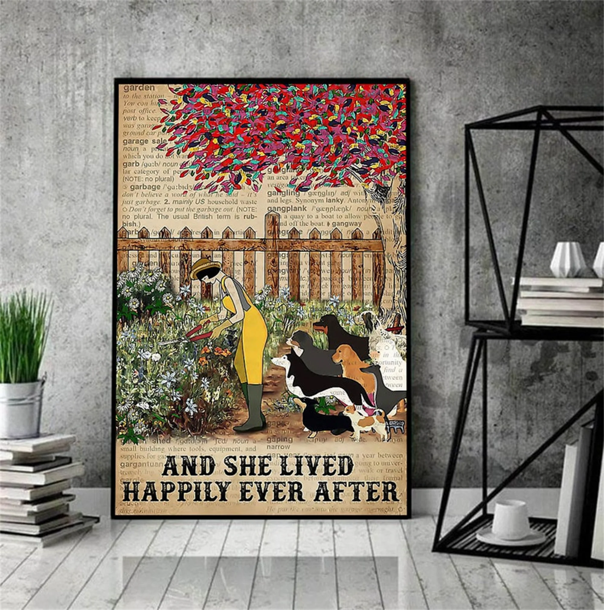 

Loves Dogs Flowers Poster Garden She Lived Happily Ever After Wall Art Home Decor Canvas Painting Print Pictures Modern Bedroom