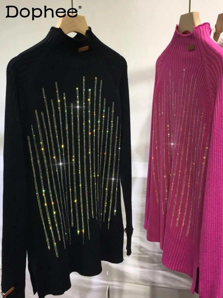 

Hot Drilling Black Sweater Women Autumn Winter High Collar Thicken Warm Loose Slimming Mid-Length Knitted Pullover Sweater Top