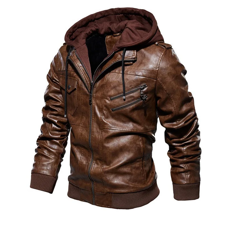Leather Jacket Men's Spring Autumn and Winter New Hooded Leather Jacket Youth Men's Jacket Plus Velvet Thick Leather Jacket