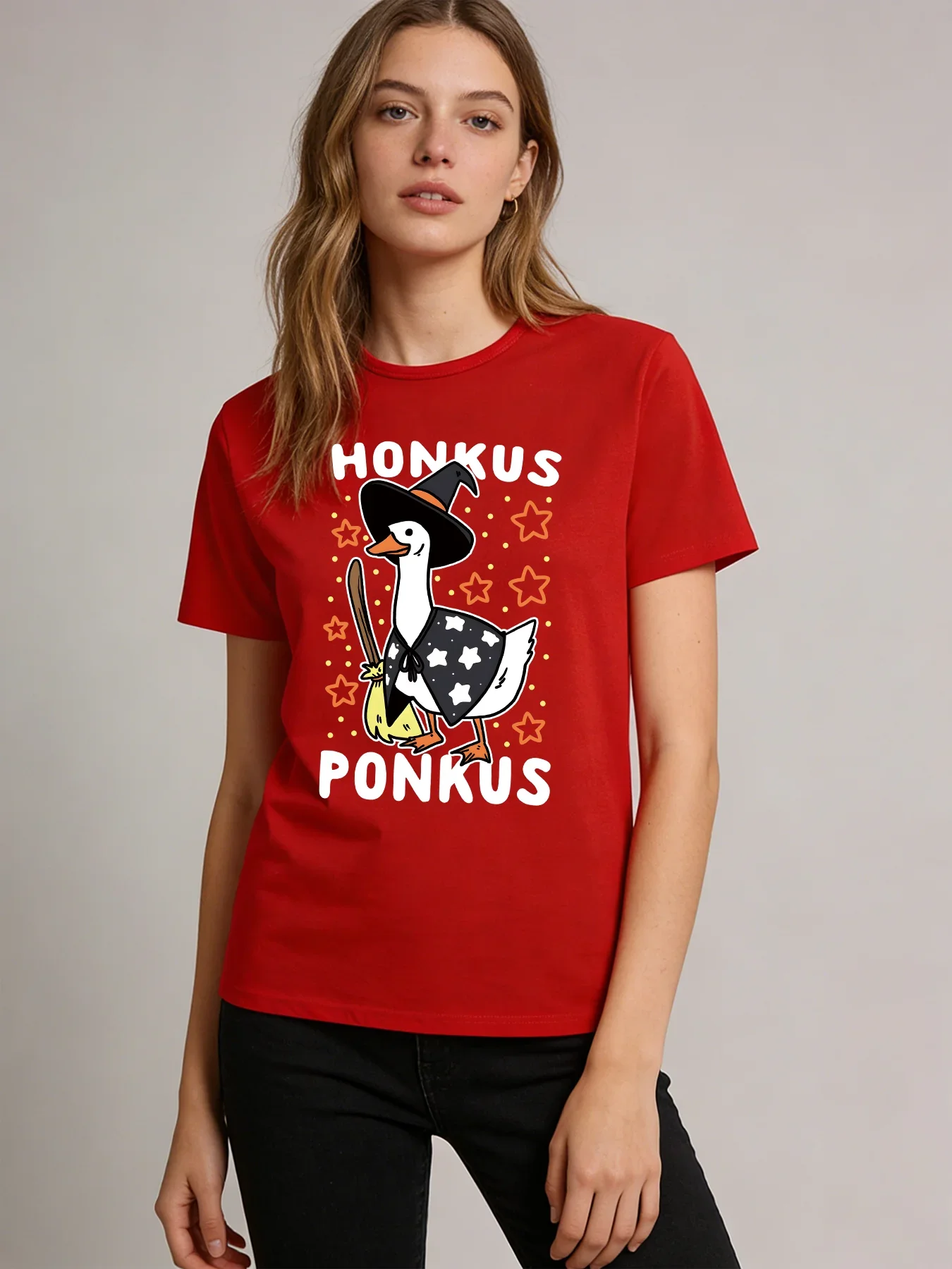 Фото Женская футболка Honkus Ponkus Goose Witch, весенне-летняя повседневная футболка с круглым вырезом и короткими рукавами, с милым забавным рисунком животных №4