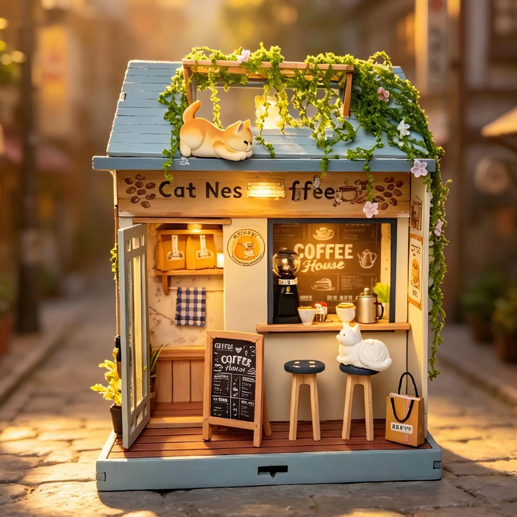 Фото Набор для сборки 3D-пазлов DIY: деревянный кофейный домик-котельня с подсветкой, миниатюрная модель, подарок для друзей и девушек на день рождения №4