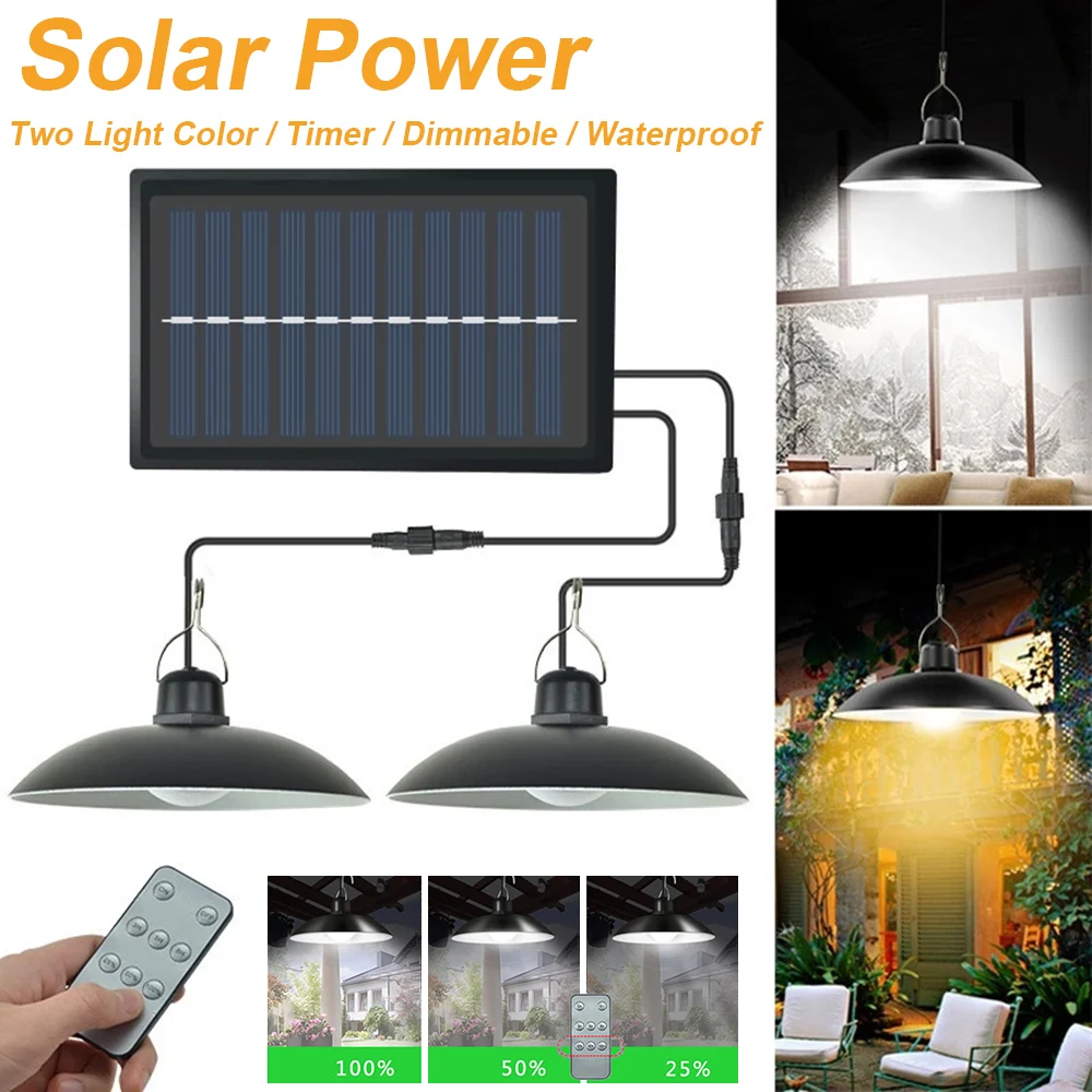 LED Solar Pendant Lights With Timer Remote Control Dimmable Outdoor Shed Hanging Lamp Waterproof Garden Security Lighting Panel