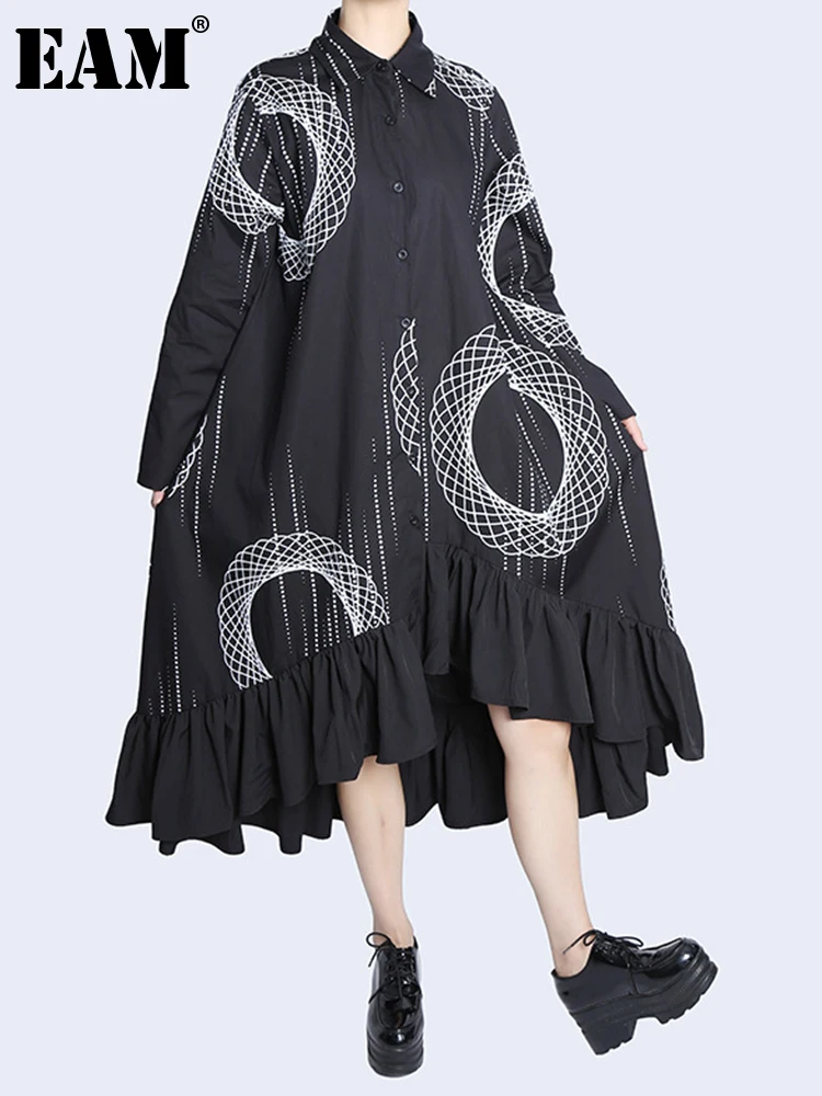 

[EAM] Women Black Printed Ruffles Big Size Shirt Dress New Lapel Long Sleeve Loose Fit Fashion Tide Spring Autumn 2022 1DF1921