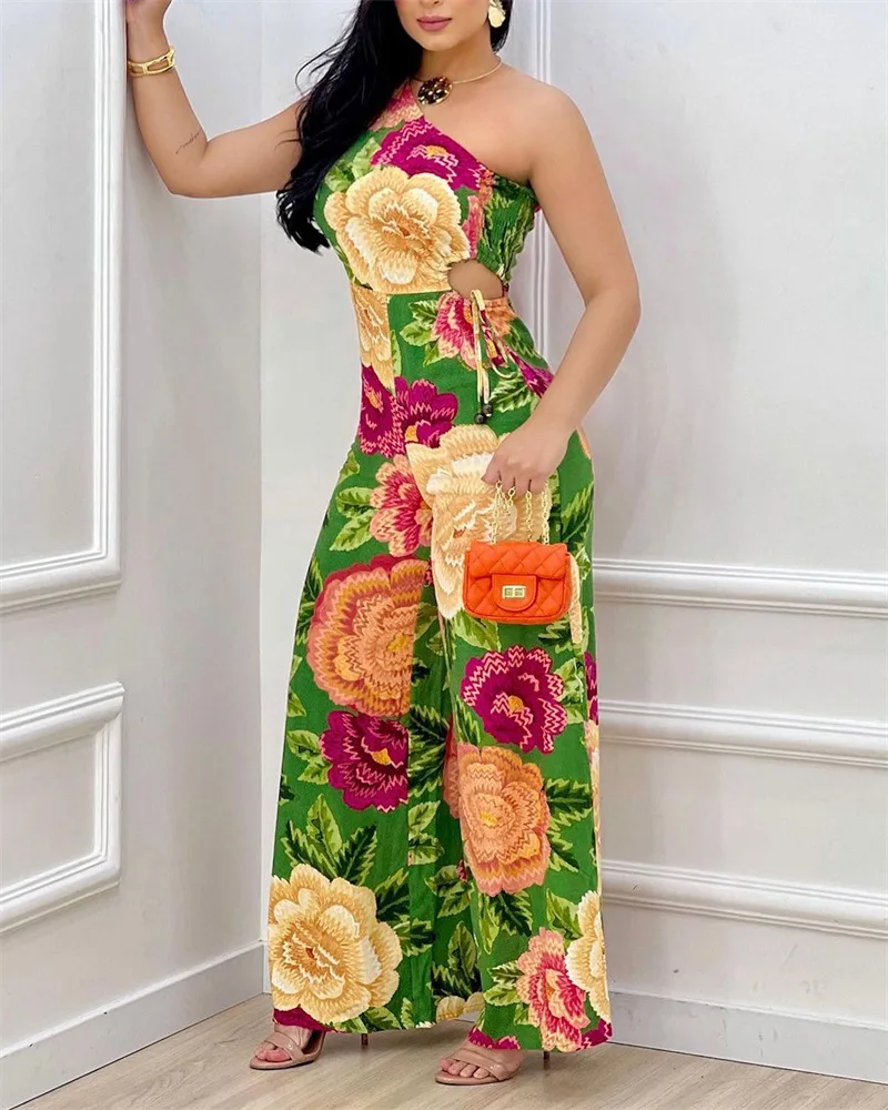 

Women Sleeveless Sexy Loose Wide Leg Pants Tropical Print One Shoulder Jumpsuit Overall High Waist Jumpsuits