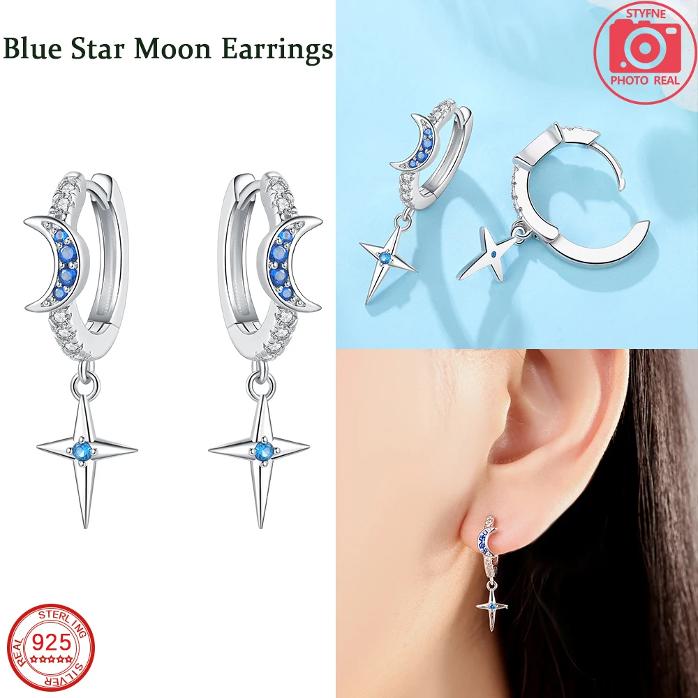 Новые милые серьги из стерлингового серебра 925 пробы с синей звездой и луной