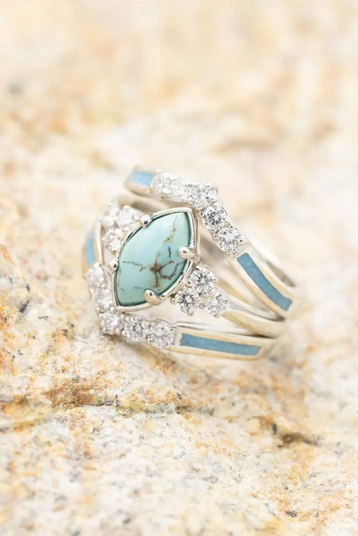

Turquoise Three-piece Set with Diamond Ring New Fashion Temperament Niche Design Simple Ladies Ring for Banquet Jewelry