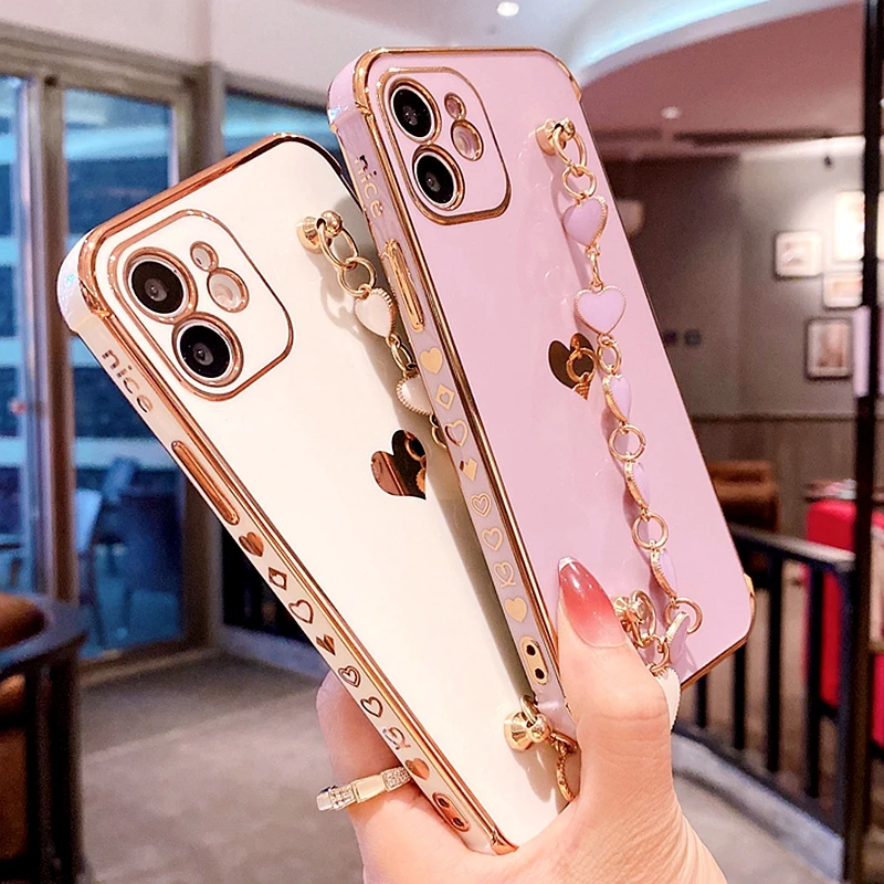 

Soft Electroplated Love Heart Phone Case For iPhone 11 12 13 Pro Max XS X XR 7 8 Plus Mini SE 2020 Bracelet Bumper Back Cover